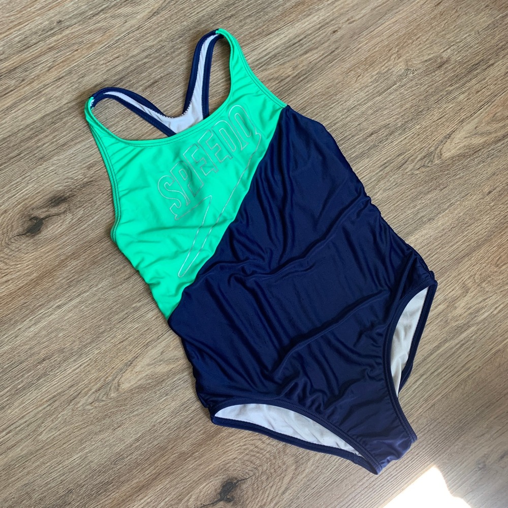 Speedo Girls Navy Lime Green Colorblock Racerback One Piece Swimsuit Size 14
